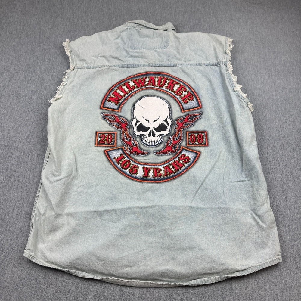 Milwaukee 105 Years Vest Mens Extra Large Blue Denim Button Up Biker Motorcycle